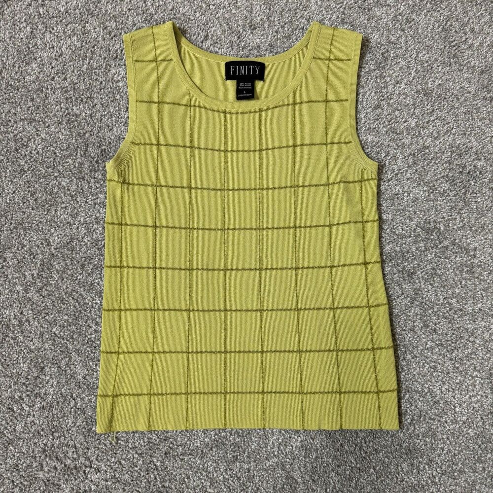 Finity Sweater Womens Large Green Grid Knit Tank Glitter Librariancore Stretch